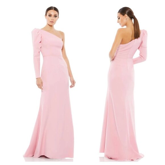 MAC DUGGAL One Shoulder Puff Sleeve Gown in Rose Pink Size US 14 - Picture 1 of 10